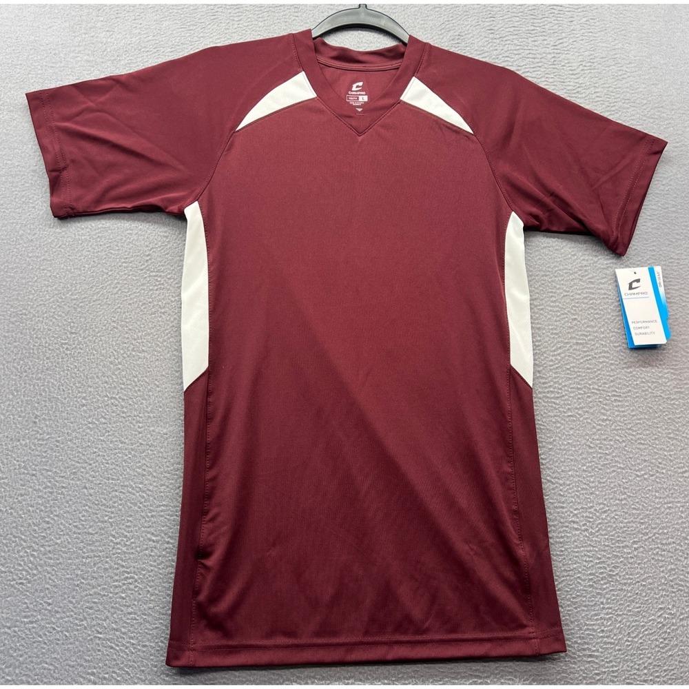 ChamPro Youth Performance Shirt Sz L Burgundy White V Neck Short Sleeve